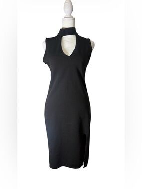 glam Black Sleeveless Mock Neck Keyhole Midi Dress. Bodycon. Size Large.
